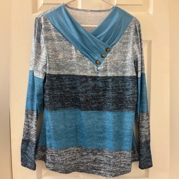 Blue and Gray Colorblock Long Sleeve Top with Button Detail - Picture 1 of 7
